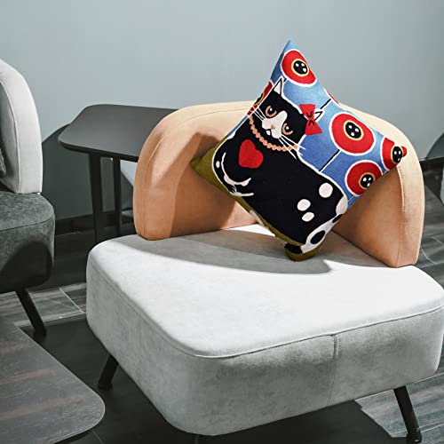 Kashmir Designs Black Cat Pillow Cover | Poppy Cat Pillows | Modern Cat Cushion | Cat Face On Pillow | Purple Kitty Accent Pillows | Cat Lover Gift | Hand Embroidered Cushions | Wool Size - 18X18 #TOP3