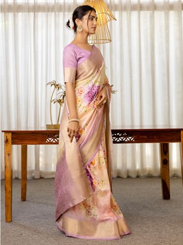 Image of Satrani Women'S Silk Printed Weaving Ready To Wear One Minute Pre Pleated Readymade Saree With Unstitched Blouse Piece