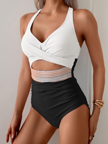 Image of B2prity Women's One Piece Swimsuit Tummy Control High Waisted Bathing Suit | Color Block,Removable Soft Cups,Cutout,V neck,Full Coverage,Adjustable Criss Cross Straps,Tie Back