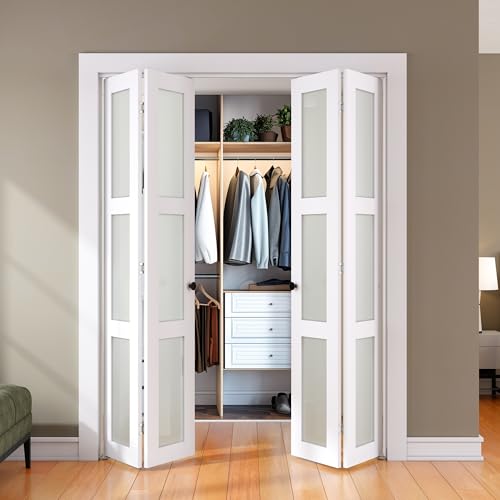 SMARTSTANDARD Bifold Door, for 60'x 80' Opening,Tempered Frosted Glass Closet Folding Barn Door with Hardware Kit, Water-Proof PVC Surface,Easy Install,White