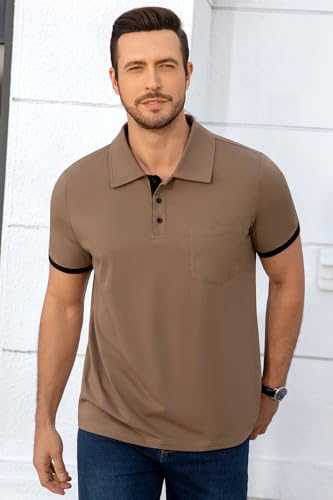 Polo para hombre con puños contrastantes y cuello de verano, casual, de manga corta y 3 botones, con bolsillo miniatura 2