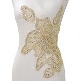 HHQ Handmade Rhinestones Applique Sewing Beads Stones Trim Lace Patches Sparkly Silvery Sew on Sequins Crystal Beaded Bodice Accessory for Wedding Dresses DIY Decorative Clothes (DH01-GD)
