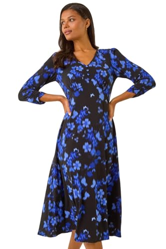 Roman Originals Swing Dress Women UK Ladies Skater Tea Midi A Line Fit & Flare Winter Autumn Casual Smart Cocktail Party Going Out Work Buttons - Royal Blue - Size 12