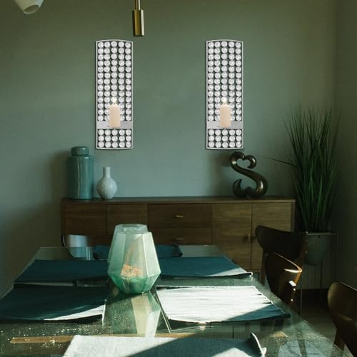 5.9 * 16.5 Inch Rhinestone Candle Sconces Sparkling Crystal Bling Diamonds Metal Wall Candle Holder for Living Room Bedroom Home Decor Party Wedding Wall Decoration Set of 2 Silver