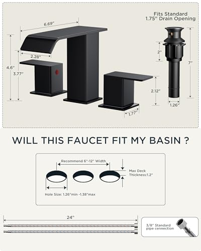 FORIOUS Bathroom Faucets 3 Hole,Matte Black 8 Inch Widespread Bathroom Sink Faucet Waterfall Spout, with Pop Up Drain and Water Supply, Suitable for Vanity Rv Commercial Lavatory Restroom