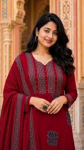 Image of Women's Cotton Kurta Sets for Women with Palazzo Pants with Dupatta for Woman | Pure Cotton 3 Piece Kurti Set | Women Suit Set for Daily