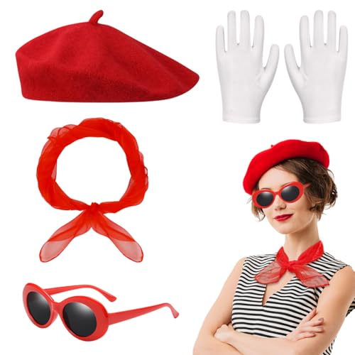 Meleager 4 Stück 50er jahre Accessoires Damen, Rockabilly Accessoires Damen mit Rote Baskenmütze, Schal, Sonnenbrille und Handschuhe, Franzosen...
