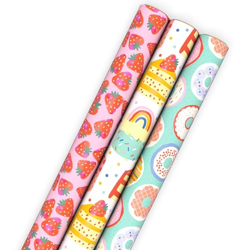 Hallmark Donuts and Strawberry Wrapping Paper Rolls for Birthdays, Valentine's Day, Teacher Appreciation (Set of 3 Rolls: 75 Sq. Ft. Total) Pink, Teal, White, Rainbow, Confetti
