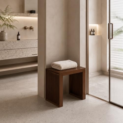 Image of APRTAT Bamboo Dining Bench 17-Inch Indoor Wood Shoe Rack Bench for Entryway | Easy Assemble, Sturdy & Durable,Slatted Design,Versatile Everyday Seating,Living Room Hallway Bedroom Bathroom