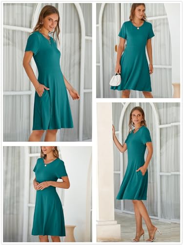 Image of Newshows Womens 2025 Summer Dresses Short Sleeve Ribbed Knit A-Line Swing Beach Vacation Outfits Casual Sundress with Pockets
