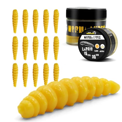 Troutlook Worma Lures - Largio Forellengummi 15 Stück Ideal für Forellen (Pure Yellow - Garlic/Knoblauch 3 5cm - 15 Stück)
