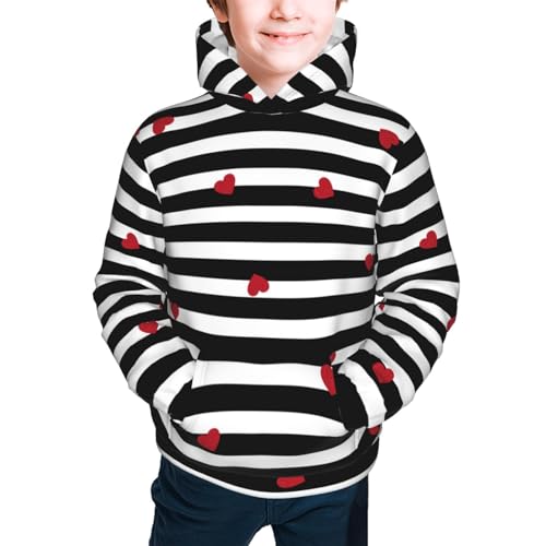 Black White Stripes Red Hearts Boy, Girls Sports Shirt Youth Pullover Fashion Hooded Sweatshirt