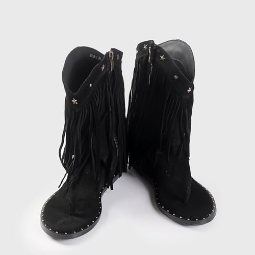 Image of Women's Bohemian Tassel Gladiator Sandals Brown Suede Thong Flip Flops for Fringe Summer Wedge Heel Sandal with Rivets Western Shoes