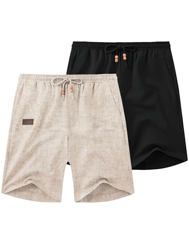 Image of COOFANDY Mens Casual Linen Shorts Elastic Waist Drawstring Loose Fit Summer Beach Vacation Shorts with Pockets