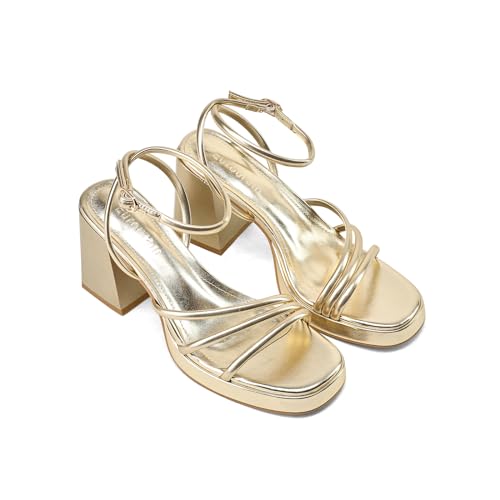 Women's Platform Heels Strappy heeled sandals with lace-up ankle straps Square open toe Suitable for weddings, work, party dresses4
