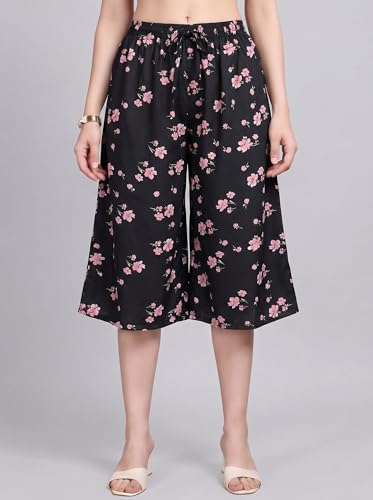 Image of THUMBA Women's Printed Poly Rayon Palazzo Pants | Wide Leg Culottes | Floral & Butterfly Print | Elastic Waist | Casual & Ethnic Wear | S M L XL 2XL 3XL
