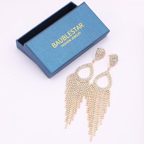 Rhinestone Teardrop with Long Tassel Earrings Sparkly Dangle Earrings for Women4