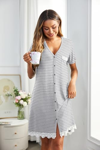 Ekouaer Women Striped Nightgowns Button Down Sleepshirts Short Sleeves Nightshirts3