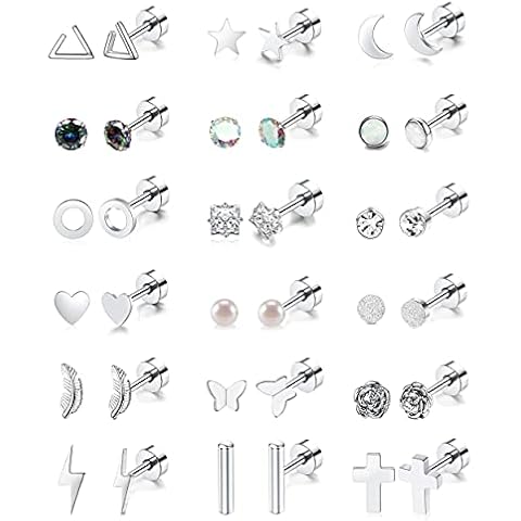 18 Pairs Cartilage Stud Earrings Set for Women Men Star Triangle Moon Heart Disc Ball CZ Small Stainless Steel Geometric Barbell Flatback Piercing (Silver) Cover