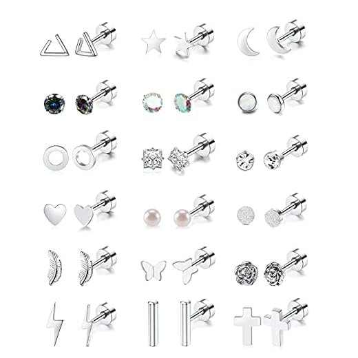 18 Pairs Cartilage Stud Earrings Set for Women Men Star Triangle Moon Heart Disc Ball CZ Small Stainless Steel Stud Earrings Geometric Barbell Flatback Earrings Piercing Set (Silver)