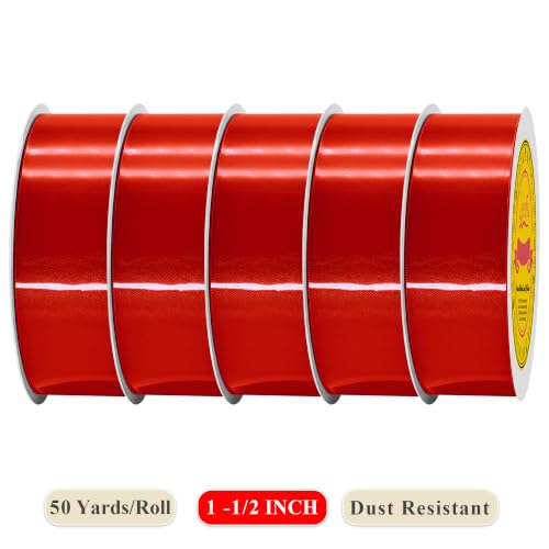 Image of 250 Yards Red Satin Ribbon Polyester Ribbon for Gift Wrapping Very Suitable for Weddings Party Hair Bow Invitation Decorations and More(1-1 /2 inch X 50Yards X 5 Roll)