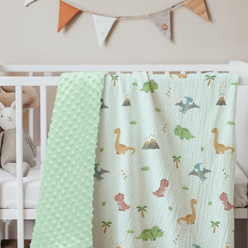 Image of SANDJEST Dinosaur Minky Muslin & Dotted Blanket 30x40 in Gift for Holiday, Gender Reveal Party, Hospital Visit, Baptism
