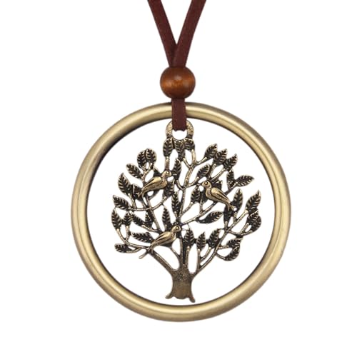 Kelake Leather Necklace for Women Teen Boho Vintage Choker with Gold Circle Birds and Tree Pendant Brown Long Genuine Leather Rope Chain Gift Jewelry