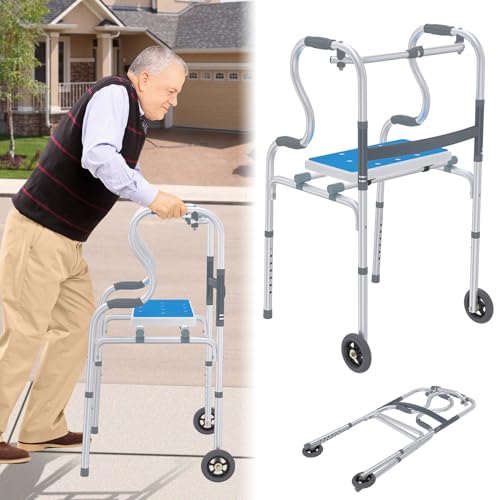 LZQ Gehhilfe für Senioren, Stabil Gehhilfen aus Aluminium Rutschfest mit Ergonomische Griff, Stehhilfe 8 Gang HöHenverstellung, Gehbock Klappbarer mit Abnehmbarem Sitz und 2 Lenkrollen, Gehbock