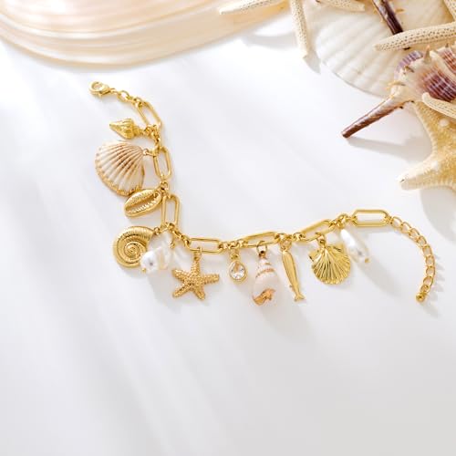 WOWORAMA Gold Shell Charm Bracelet for Women Chunky Gold Seashell Starfish Bracelet Boho Summer Beach Charm Bracelets Hawaiian Mermaid Jewelry3