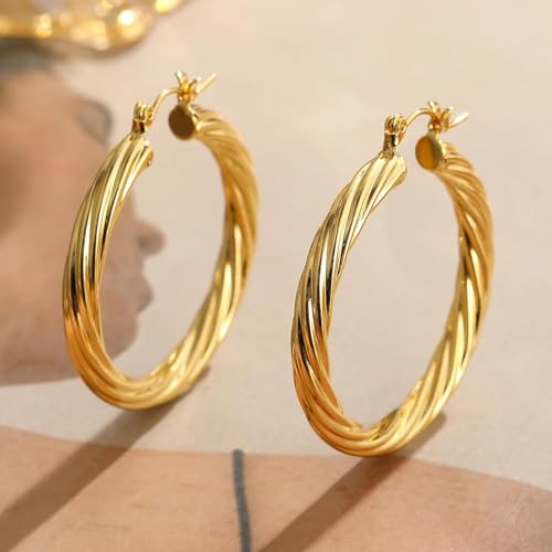 Image of Shining Diva Fashion Anti Tarnish Jewellery Celebrity Inspired 14k Real Gold Plated Simple Plain Link Chain Chunky Huggie Hoop Trendy Stylish Copper Earrings for Women Girls