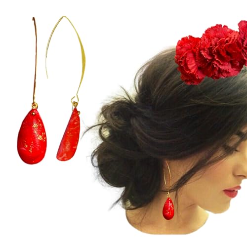 Pendientes Flamenca Mujer Rojos- Imitación Piedra Natural muy ligeros-Pendientes Flamenca Mujer-Dorados y distintos Rojos-Complementos flamenca-Pendientes Sevillana-Feria de Abril Accesorios-Rojos.