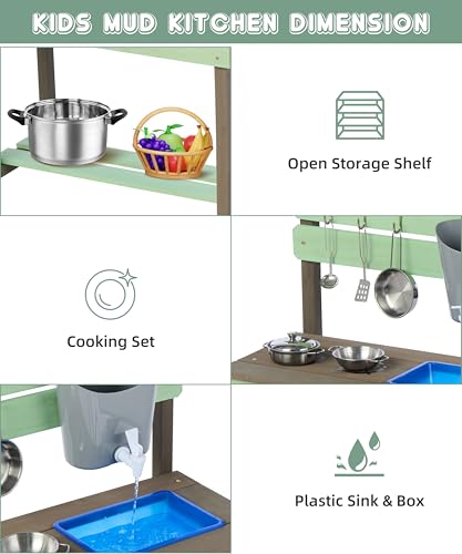 Wooden Kids Play Kitchen, Outdoor Mud Kitchen Playset with Water Play Set and Cooking Toys, Gift for 3+ Years Kid - Thumbnail 3