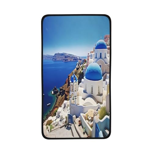 VGFJHNDF 16x28 in Coral Velvet Beach Towel Santorini Greek Island sea View Print Quick Dry Towel Sand Free Super Absorbent Towel for Travel, Gym, and Home Use