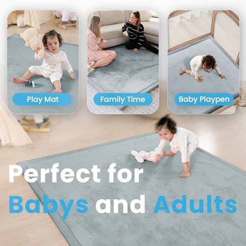 Image of 1.3 inch Thick Baby Floor Play Mat, 50x74 Padded Foam Tummy Time Crawling Mat, Non-Slip Water-Repellent Soft Plush Nursey Area Rug for Playroom Bedroom Living Room (Light Gery)