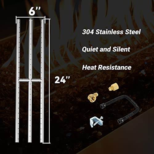 Image of Skyflame 24 inch x 6 inch Rectangular Gas Fire Pit and Fireplace H-Burner with 3 Pipes - 304 Stainless Steel - for Indoor & Outdoor Use