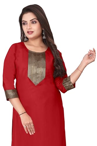 Image of Elegant red Straight Kurti with Golden Embroidered Yoke, Three Quarter Sleeves and Classic Border Detailing for Festive, Office and Everyday wear