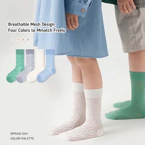 Kids Socks Mid-Calf Ribbed Cuffs Crew Socks Knit Mesh Solid Cotton Classical Socks for Kids 4 Pairs2