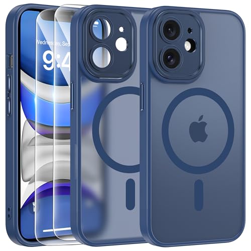 FLLAO Cover Magnetica per iPhone 11 Custodia e 2 Pellicole in Vetro Temperato, Cover iPhone 11 Compatibile con Magsafe, Traslucida Opaca Posteriore Sottile Antiurto Protettiva Case, Blu Tempesta