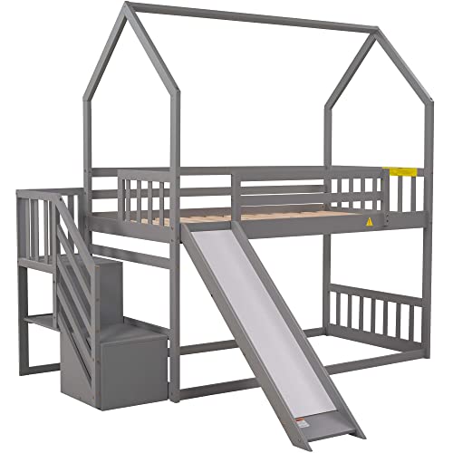 Twin Over Twin House Bunk Bed with Convertible Slide and Storage Staircase, Solid Wood Bunk Bed with Full-Length Guardrails for Kids Teens Boys Girls (Gray)