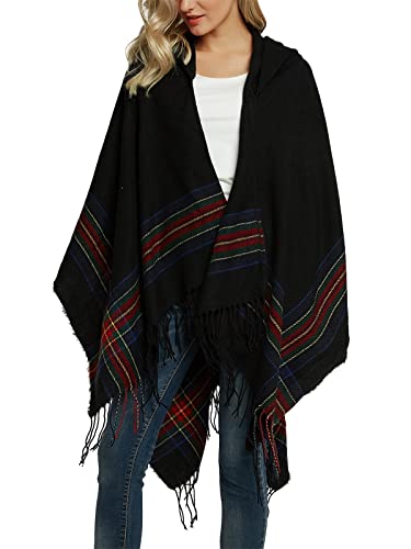 Wantonfy Femmes Poncho Tricoté Cachemire Surdimensionné Couverture Cape Châle Cape Cape Capsules avec Bord Crochet Poncho Cardigan Fringe, Noir , taille unique