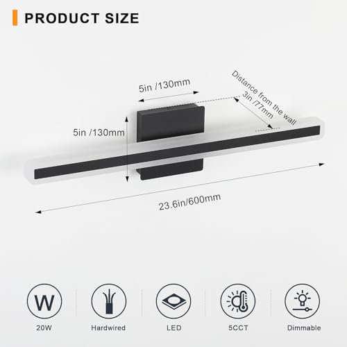 Image of 24 inch Black Bathroom Light Fixture 5 Color Temperature Dimmable LED Vanity Lights Bathroom Vanity Lights Over Mirror Light Bar Vanity Lighting Fixtures 5CCT