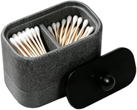 Double compartment resin cotton swab holder with lid, bathroom cotton swab storage box, ideal for storing cotton pads, dental floss sticks, makeup sponges, and various small bathroom items (Gray)