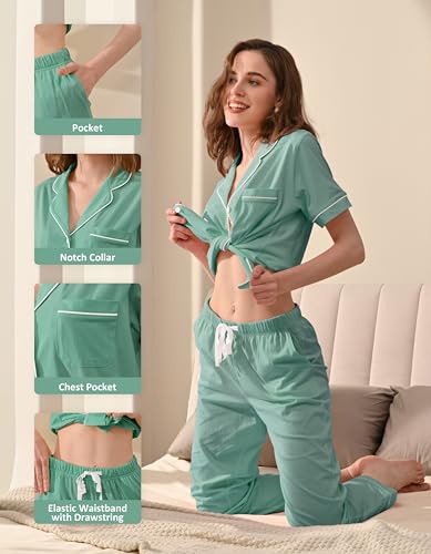 Image of NAP BOUND 100% Cotton Women's Pajama Sets Short Sleeve Button Down Soft Pjs 2 Piece Lounge Set with Pocket Nightwear XS-XXL
