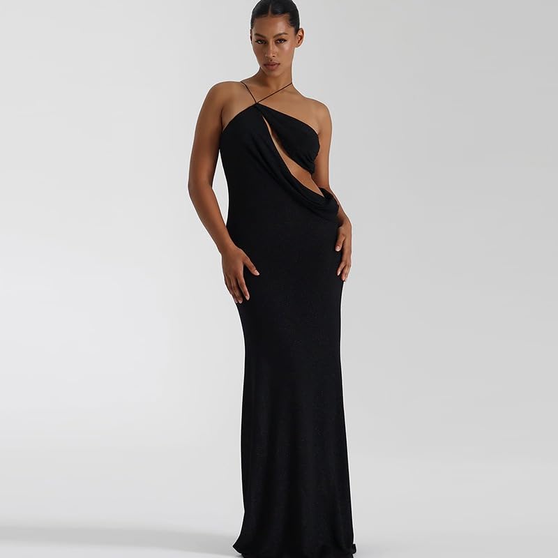 Image of Women's Sexy Bodycon One Shoulder Hollow Out Spaghetti Strap Maxi Dress Elegant Bodycon Formal Evening Party Dress