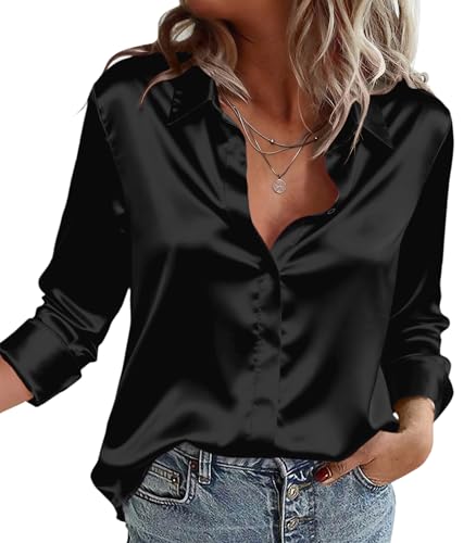 Zeagoo Satin Silk Blouse for Women Loose Fit Long Sleeve