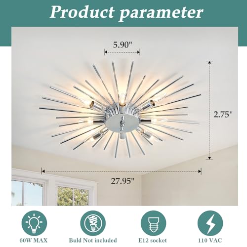 Image of ZGLAOJT Semi Flush Mount 8 Light Ceiling Light Modern Metal Ceiling Lighting Chrome Light Fixture Chandelier for Farmhouse Kitchen Dining Room Bedroom Hallway Living Room