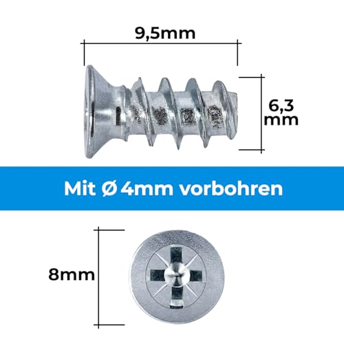 Stahlia 100 Euroschrauben 6,3 x 20 mm Möbelschrauben Senkkopf für Ø5mm Schrauben für Schubladenschienen Spezialschraube Schrankschraube Möbel Scharniere