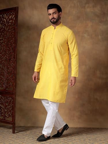 Image of Men's Solid Regular Fit Ethnic Wear White Kurta Pajama Set with Front Pocket