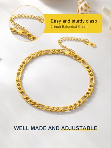 Image of ChainsPro Resizable Anklet Chain for Women Men, Figaro /Wheat /Twist Rope /Cuban Foot Bracelet-Strong with Good Clasp-18K Gold Plated(Send Gift Box)