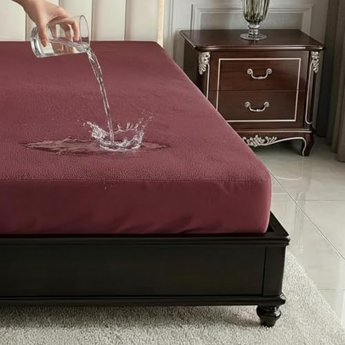 Image of 100% Waterproof Premium Cotton Feel Mattress Protector King Size 78x72 Inches | Breathable and Hypoallergenic Ultra Soft Fitted Bed Protector Cover (Maroon)